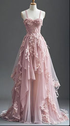 Blue Fairytale A-Line Hi-Lo Prom Dress For Masquerade Tulle&Lace Applique Spaghetti Strap Evening Dress