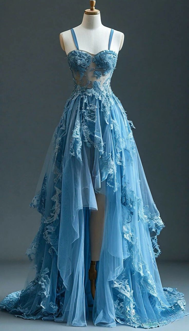 Blue Fairytale A-Line Hi-Lo Prom Dress For Masquerade Tulle&Lace Applique Spaghetti Strap Evening Dress