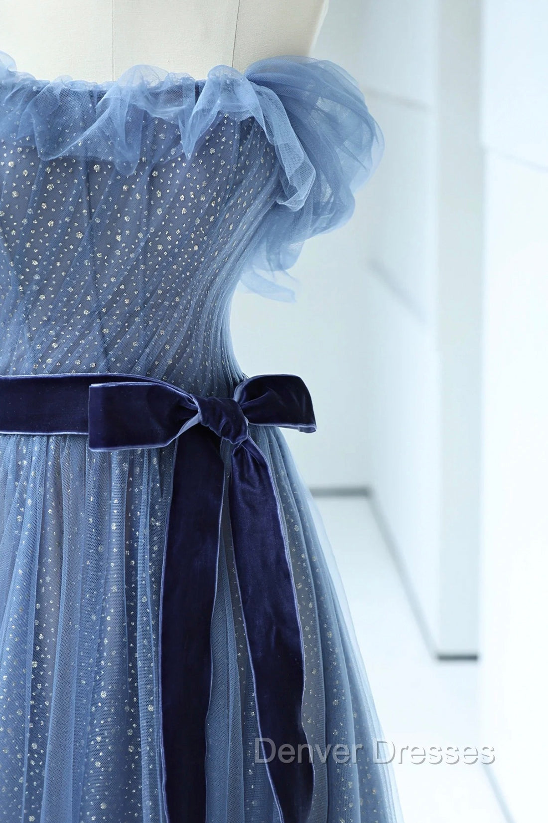 Blue Floor Length Prom Dress, A-line Strapless Tulle Evening Dress