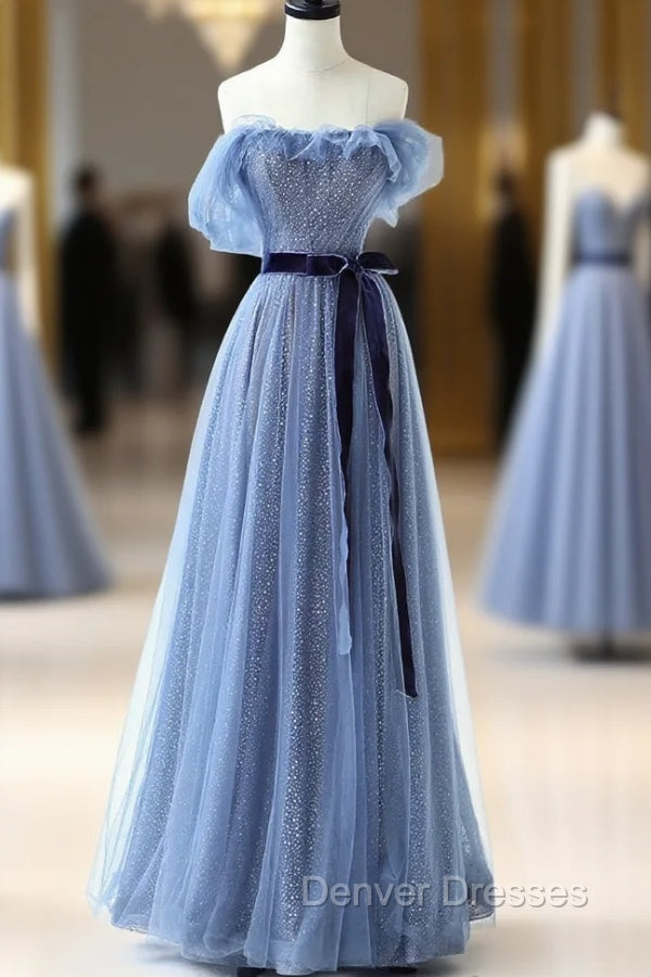 Blue Floor Length Prom Dress, A-line Strapless Tulle Evening Dress Main image