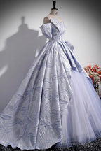 Blue Floor Length Tulle Prom Dress, Off The Shoulder A-Line Evening Party Dress