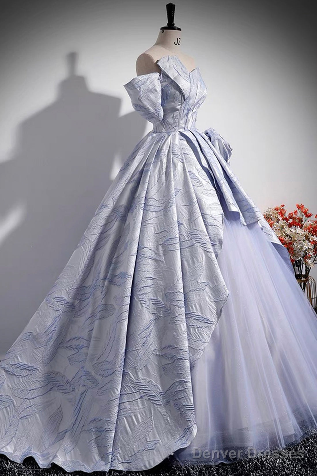 Blue Floor Length Tulle Prom Dress, Off The Shoulder A-Line Evening Party Dress