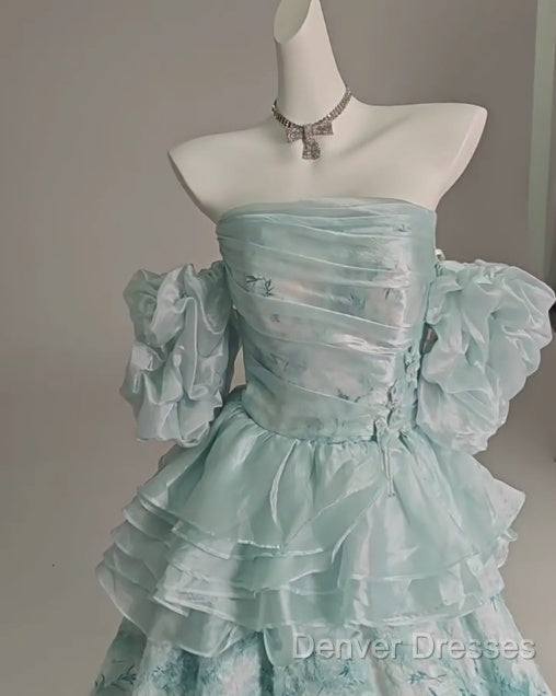 Blue Floral A-Line Strapless Organza Long Prom Dress Graduation Prom Dress