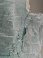 Blue Floral A-Line Strapless Organza Long Prom Dress Graduation Prom Dress