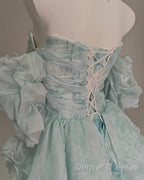 Blue Floral A-Line Strapless Organza Long Prom Dress Graduation Prom Dress