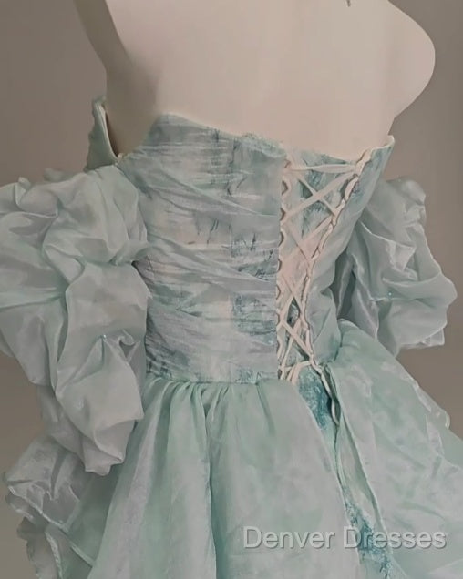 Blue Floral A-Line Strapless Organza Long Prom Dress Graduation Prom Dress