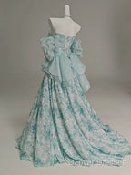 Blue Floral A-Line Strapless Organza Long Prom Dress Graduation Prom Dress