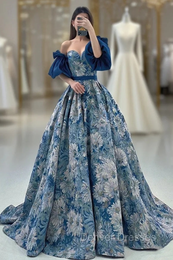 Blue Floral Pattern Long Senior Prom Dress, Off the Shoulder Evening Party Dress