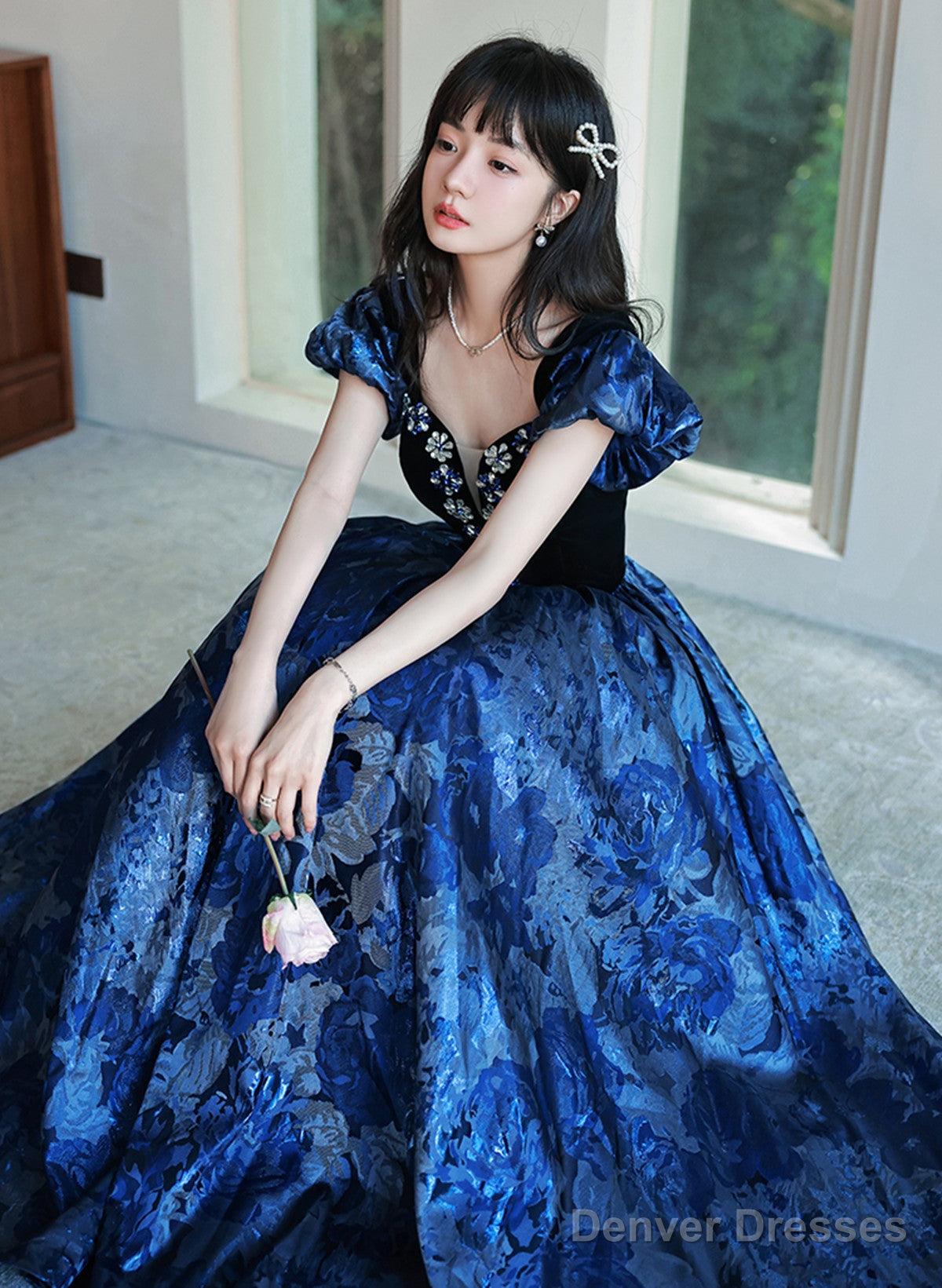 Blue Floral Satin Sweetheart Floor Length Party Dress, Blue Satin Evening Dress Prom Dress Secondary image