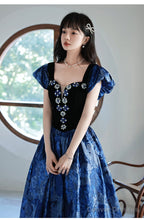 Blue Floral Satin Sweetheart Floor Length Party Dress, Blue Satin Evening Dress Prom Dress