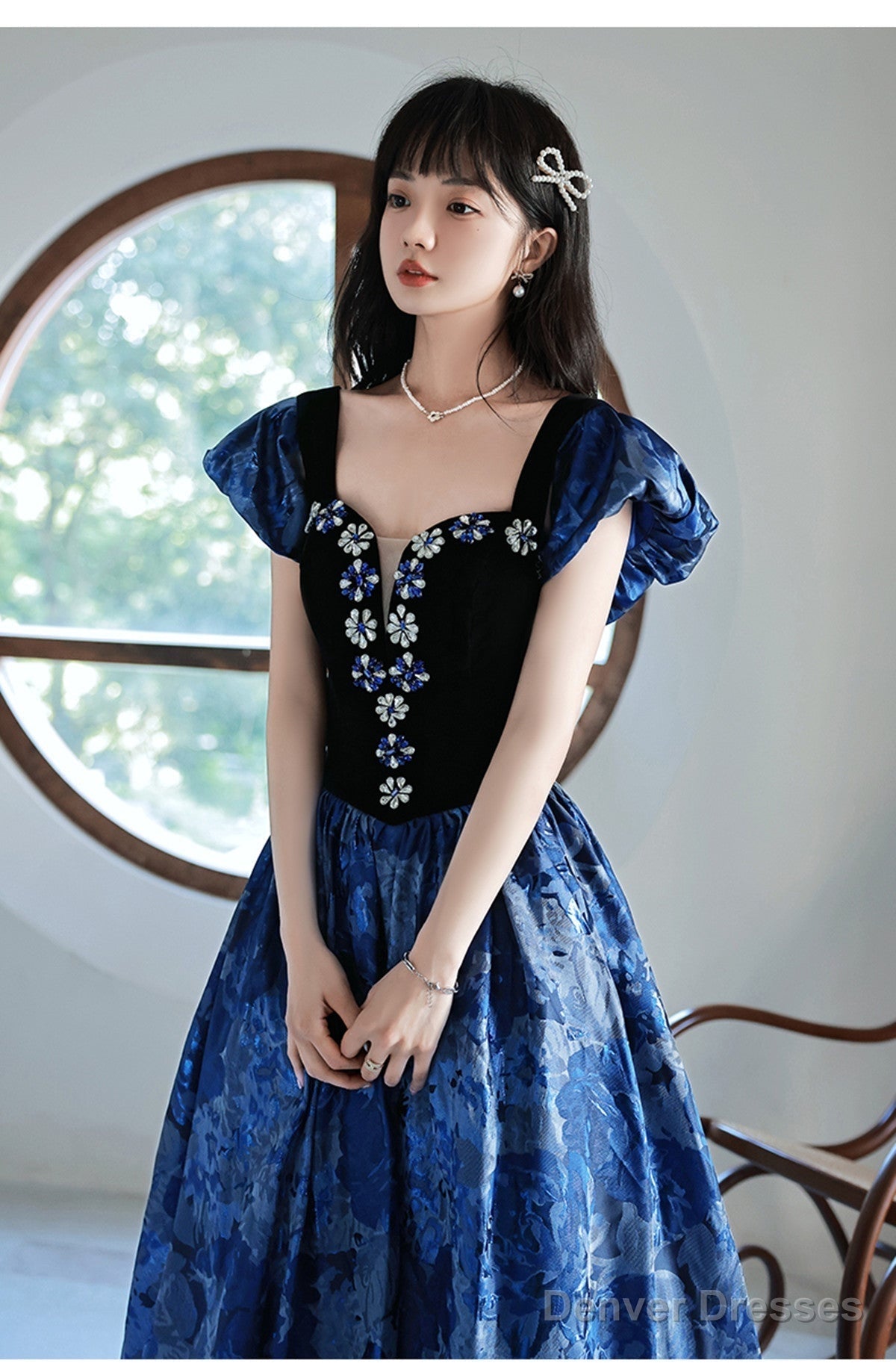 Blue Floral Satin Sweetheart Floor Length Party Dress, Blue Satin Evening Dress Prom Dress