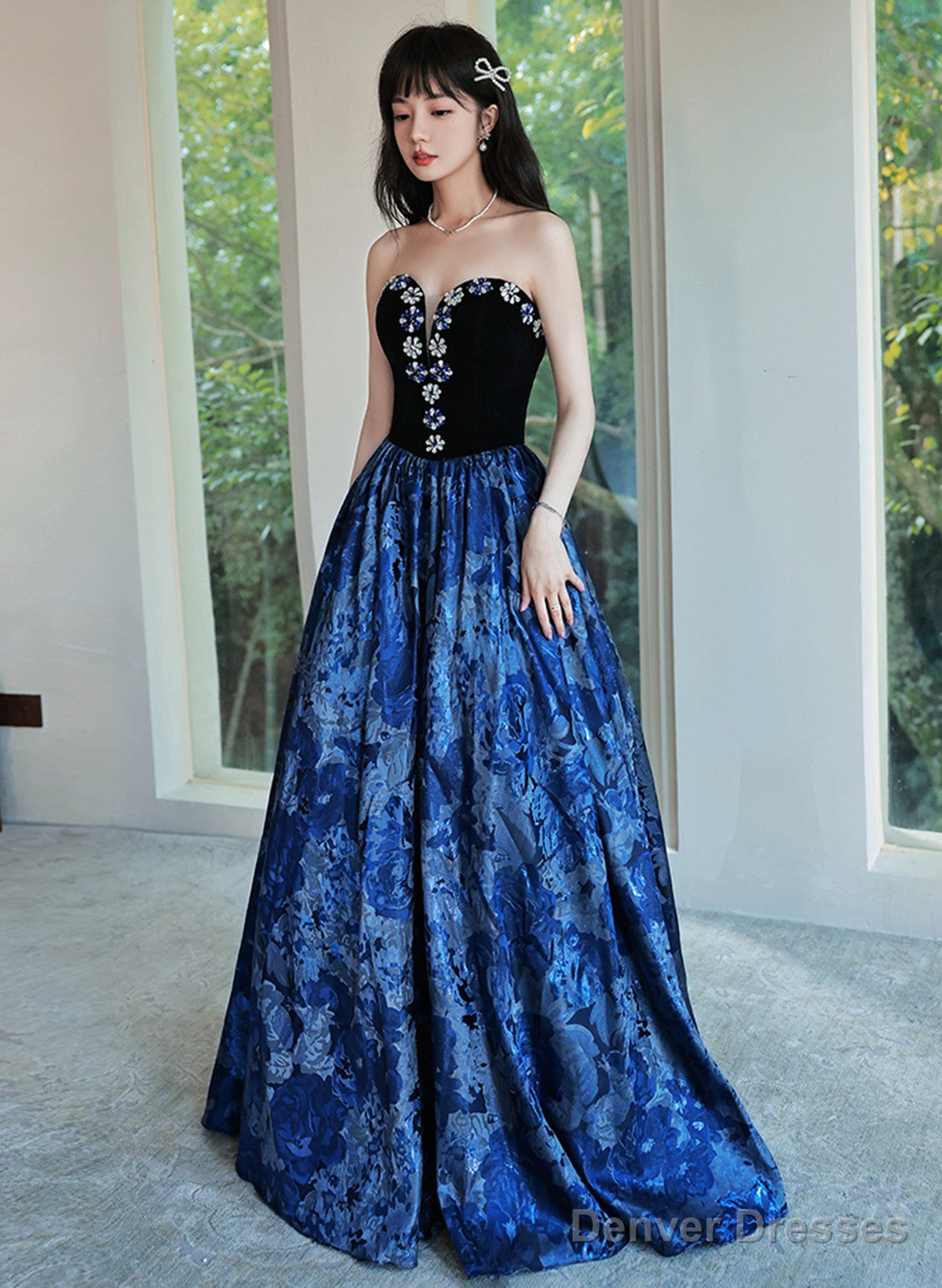 Blue Floral Satin Sweetheart Floor Length Party Dress, Blue Satin Evening Dress Prom Dress Main image