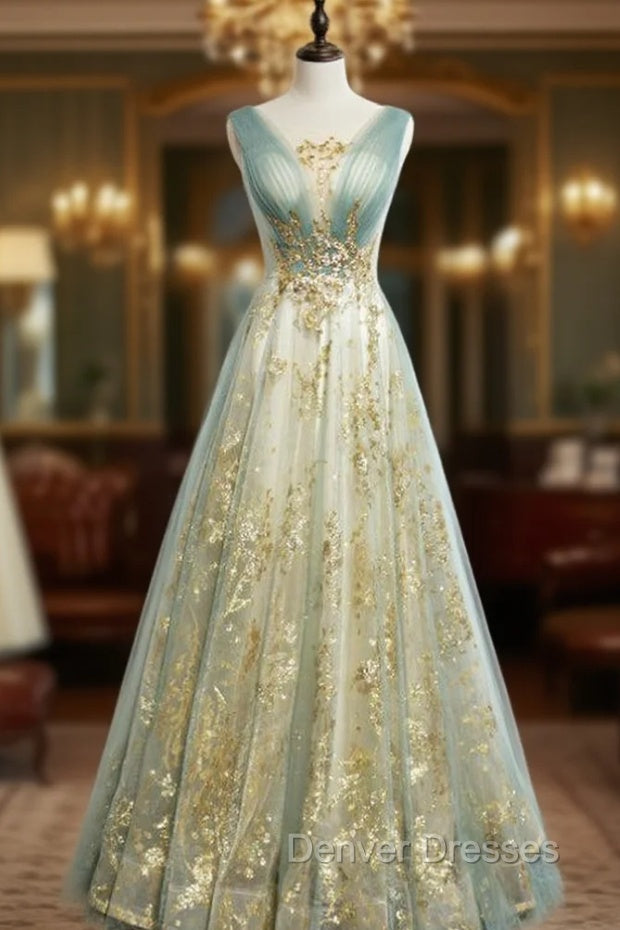 Blue Gold Tulle Sequins V-neck Pleats Prom Dress