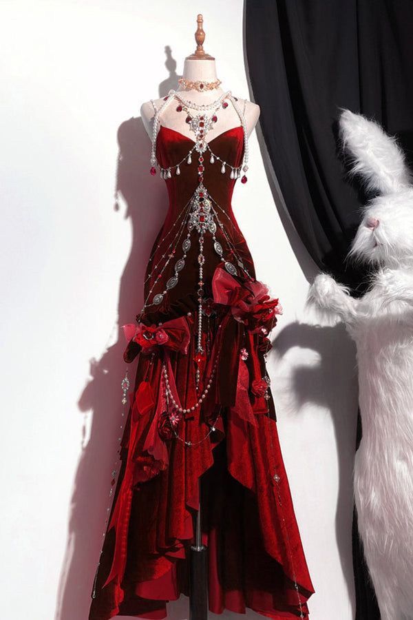 Blue/Burgundy Gorgeous Elegant Delicate Beaded Spaghetti Strap Long Ruffled Velvet Ball Gown Evening Gown Party Dress