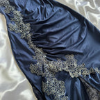 Blue Gorgeous Exquisite Applique Lace Spaghetti Straps Long Satin Prom Dress Evening Dress Party Dress