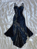 Blue Gorgeous Exquisite Applique Lace Spaghetti Straps Long Satin Prom Dress Evening Dress Party Dress