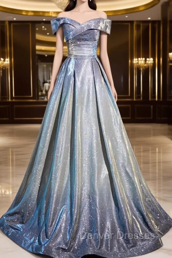 Blue Gradient A-Line Floor Length Prom Dress, Blue Off The Shoulder Evening Party Dress Main image