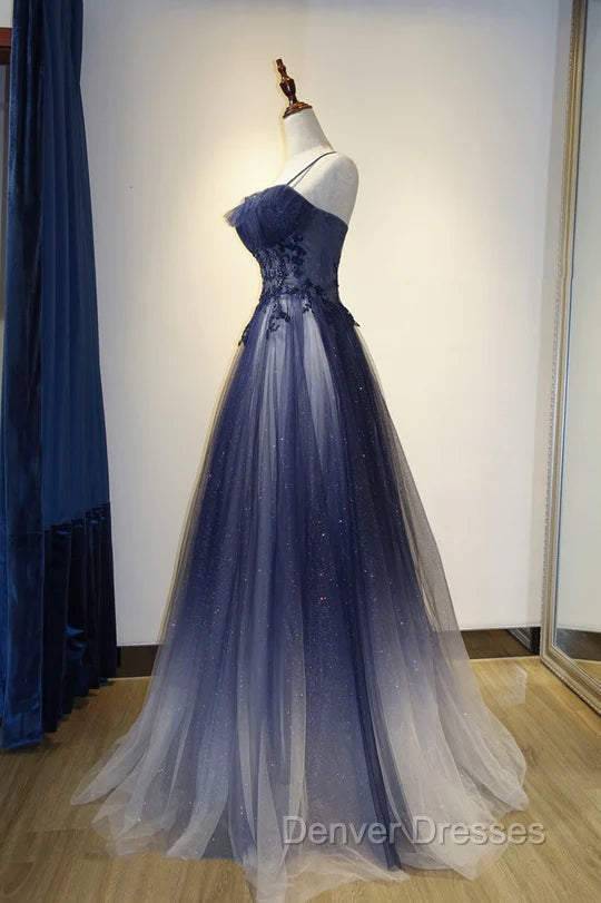Blue Gradient A-line Tulle Long Formal Dress Graduation Dress Woman