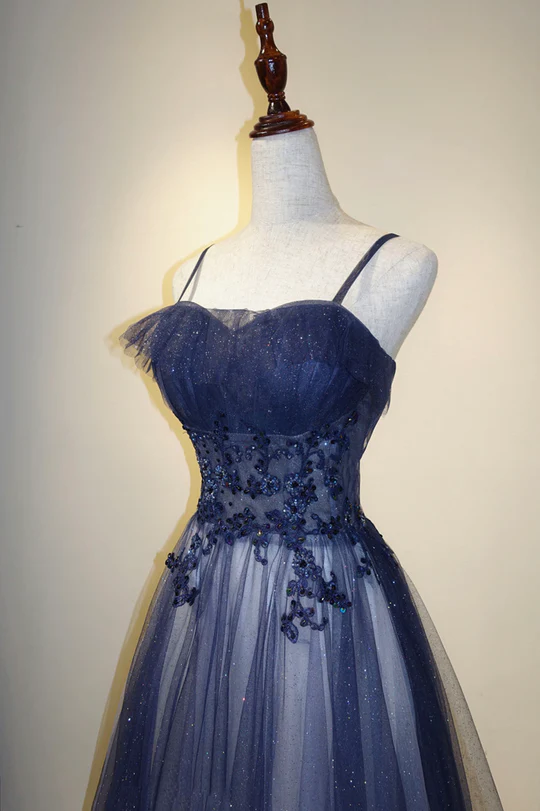 Blue Gradient A-Line Tulle Long Formal Dress, Floor Length Prom Dress