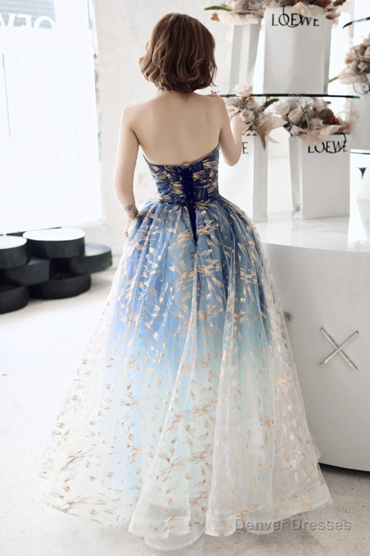 Blue Gradient Beaded A-line Floor Length Party Dress, Blue Tulle Prom Dress