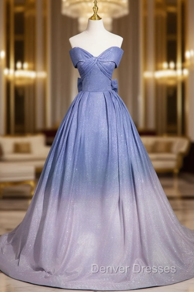 Blue Gradient-Color Glitter Sequins Prom Dress, A-Line Off-The-Shoulder Blue Princess Formal Dress