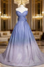 Blue Gradient-Color Glitter Sequins Prom Dress, A-Line Off-The-Shoulder Blue Princess Formal Dress