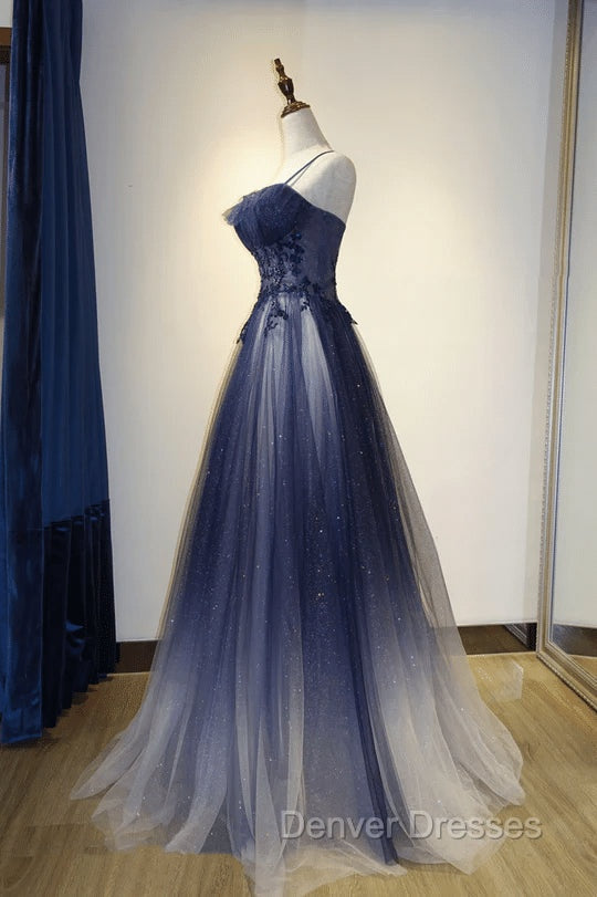 Blue Gradient Straps Tulle Long Party Dress with Lace Blue Junior Prom Dress prom Dress shops Secondary image