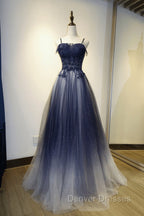 Blue Gradient Straps Tulle Long Party Dress with Lace Blue Junior Prom Dress prom Dress shops