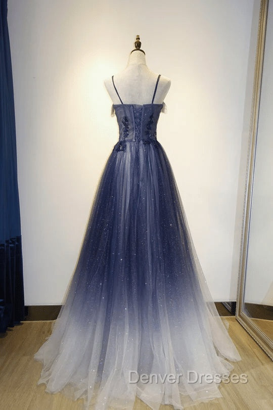 Blue Gradient Straps Tulle Long Party Dress with Lace Blue Junior Prom Dress prom Dress shops