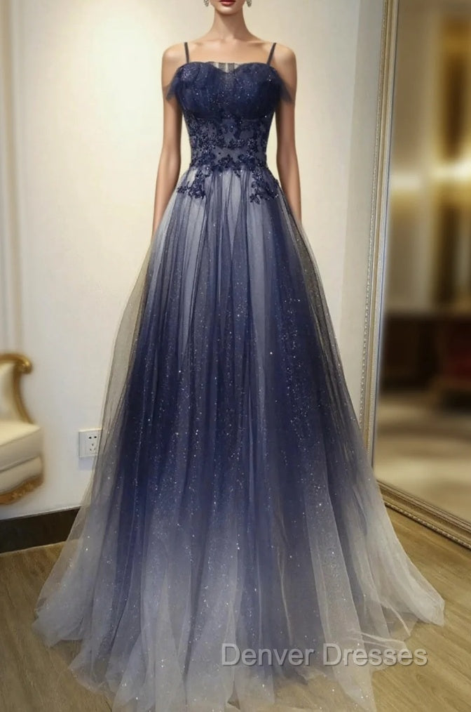 Blue Gradient Straps Tulle Long Party Dress with Lace Blue Junior Prom Dress prom Dress shops Main image