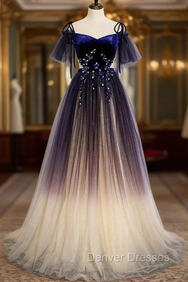 Blue Gradient Tulle Long Formal Dress, Off the Shoulder Evening Graduation Dress