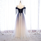 Blue Gradient Tulle Long Party Dress,A-line Off Shoulder Formal Dress