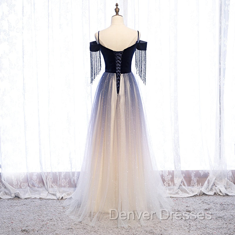 Blue Gradient Tulle Long Party Dress,A-line Off Shoulder Formal Dress