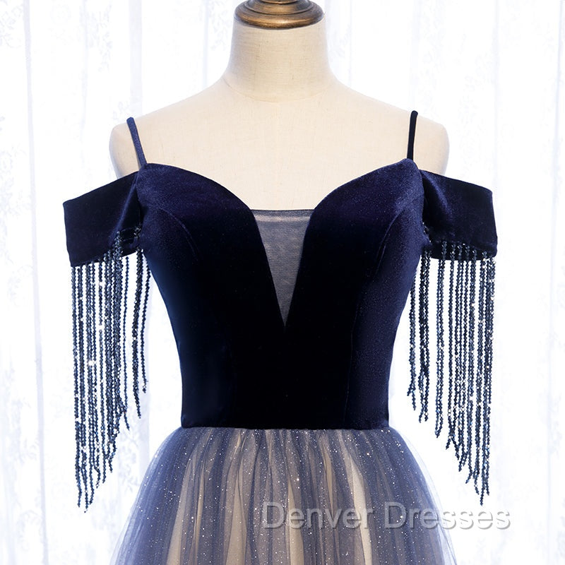 Blue Gradient Tulle Long Party Dress,A-line Off Shoulder Formal Dress