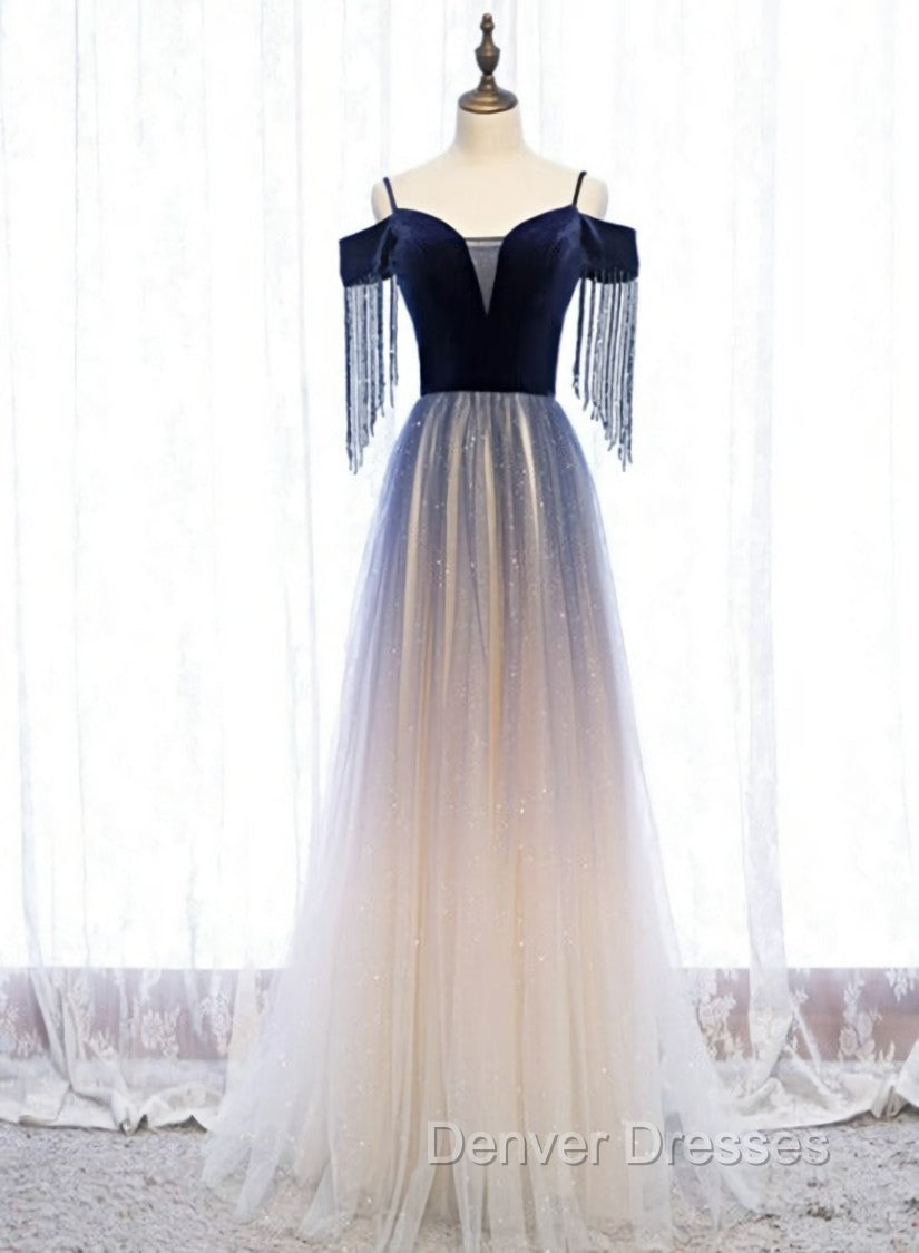 Blue Gradient Tulle Long Party Dress,A-line Off Shoulder Formal Dress