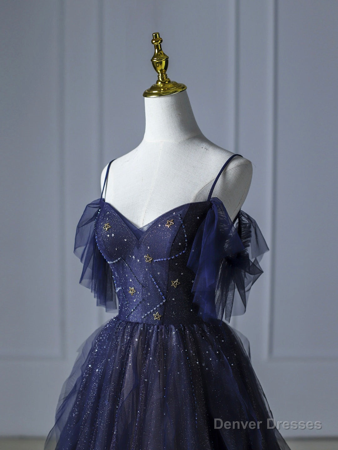 Blue Gradient Tulle Long Prom Dress,Beautiful Spaghetti Strap Celebrity Dresses