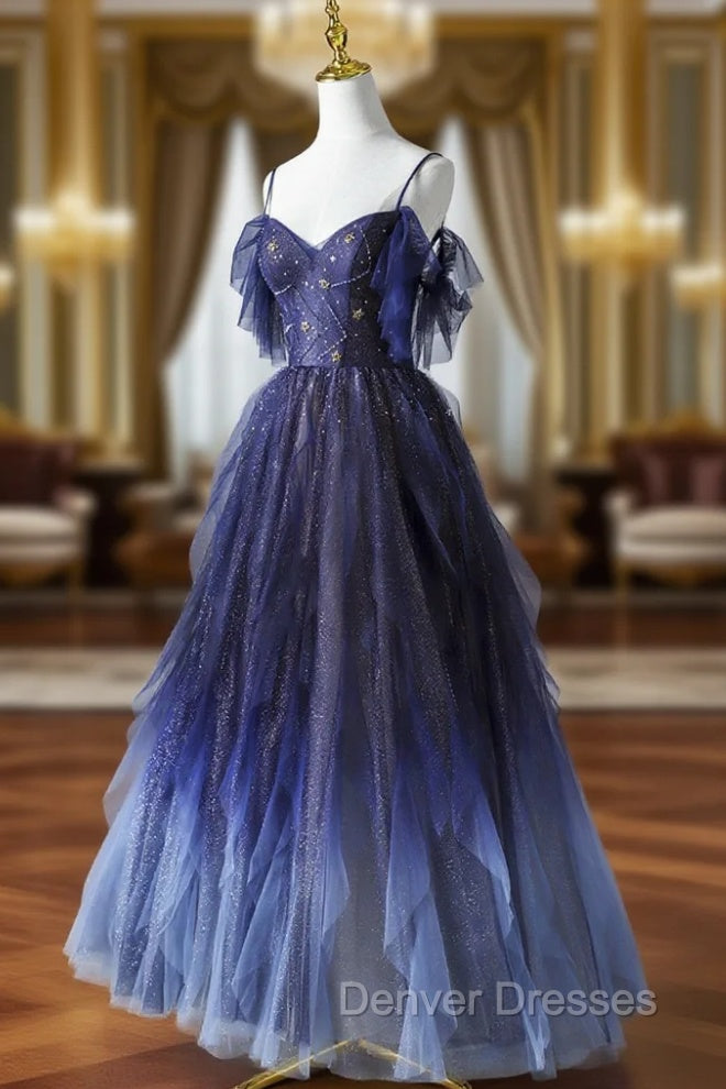 Blue Gradient Tulle Long Prom Dress, Spaghetti Strap Evening Dress