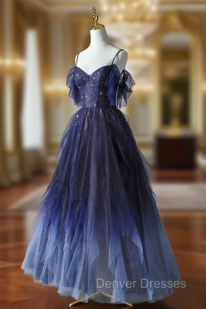 Blue Gradient Tulle Strapls Beading Prom Dress