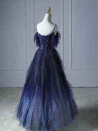 Blue Gradient Tulle Straps Beading Prom Dress
