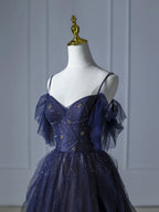 Blue Gradient Tulle Straps Beading Prom Dress