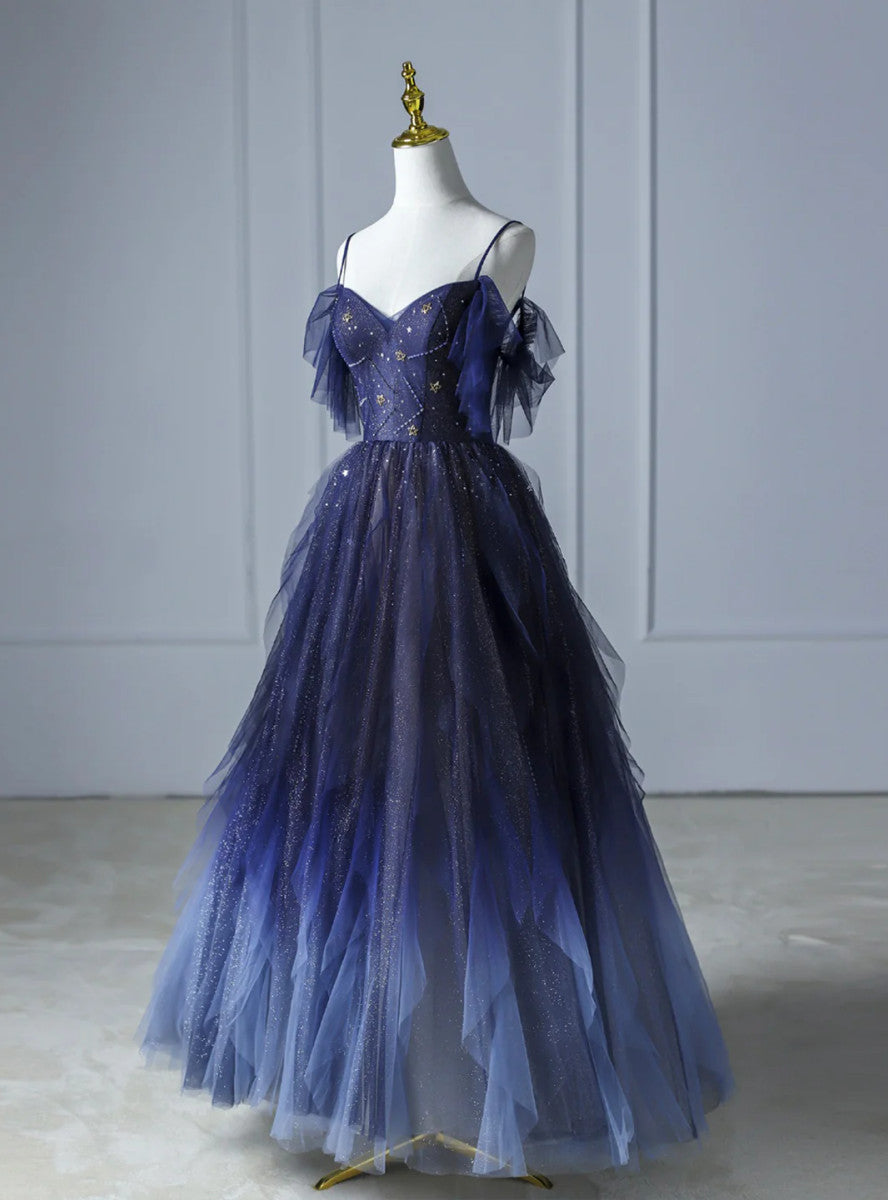 Blue Gradient Tulle Straps Beading Prom Dress Main image