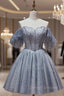 Blue Gray Tulle Beading Homecoming Dress
