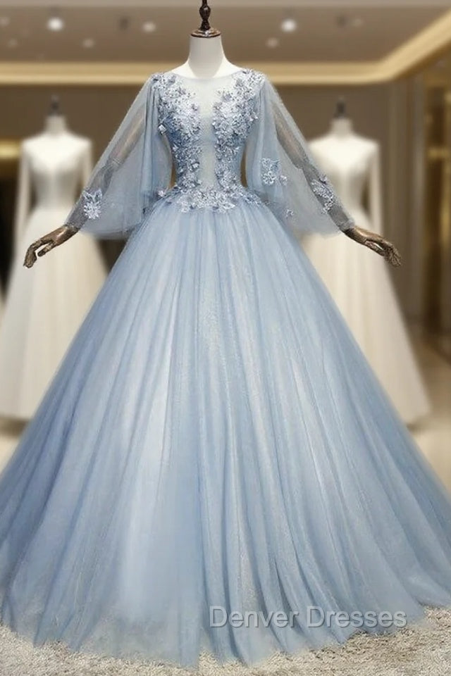 Blue Gray Tulle Flaying Sleeve Appliques Quinceanera Dress