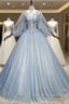 Blue Gray Tulle Flaying Sleeve Appliques Quinceanera Dress