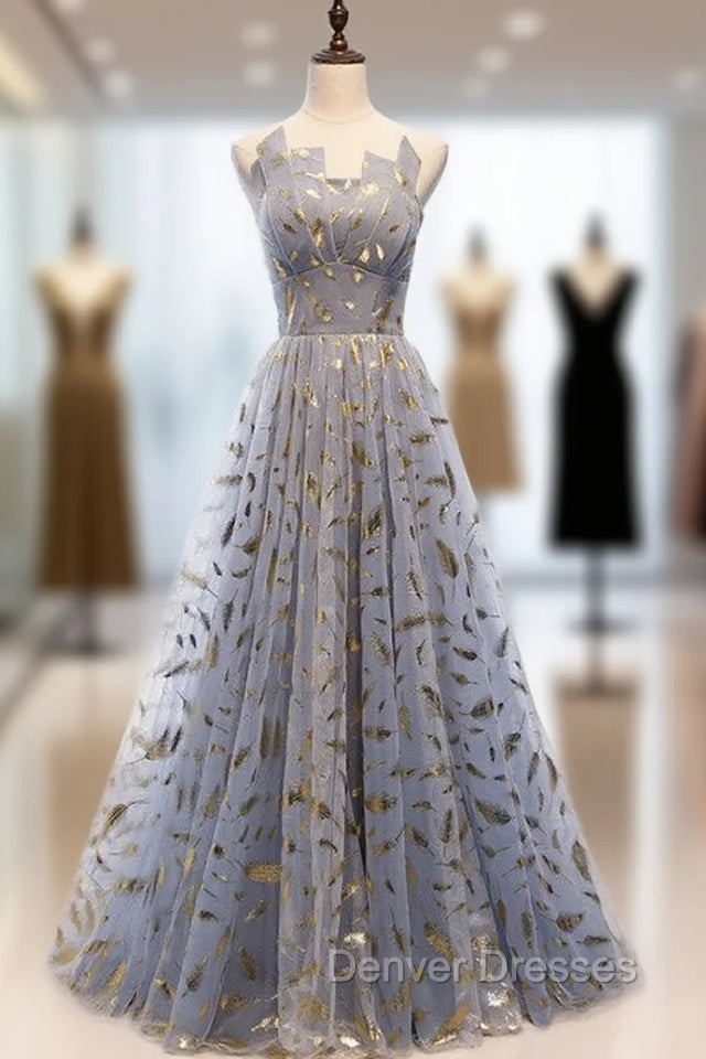 Blue Gray Tulle Gold Feather Strapless Prom Dress Main image