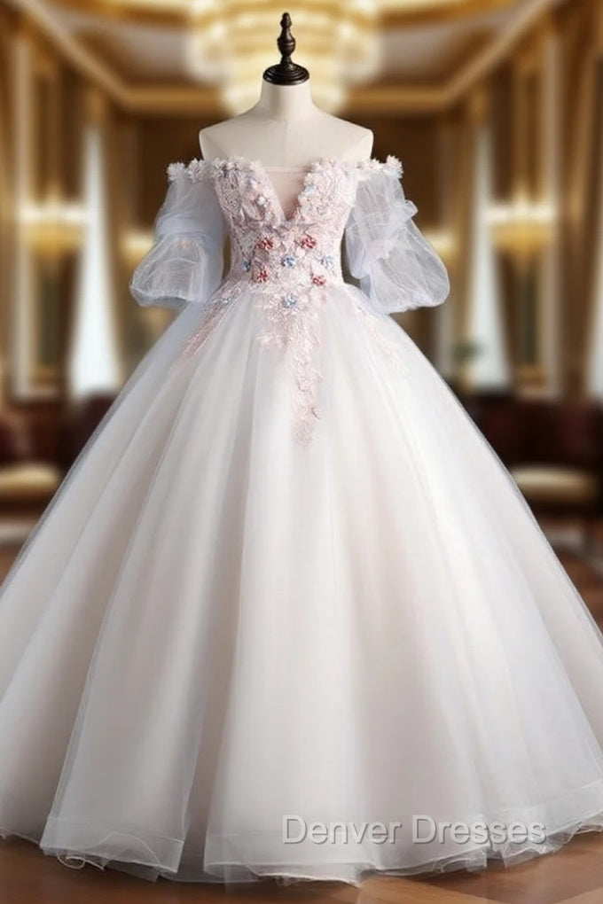 Blue Gray Tulle Puff Sleeve Appliques Quinceanera Dress