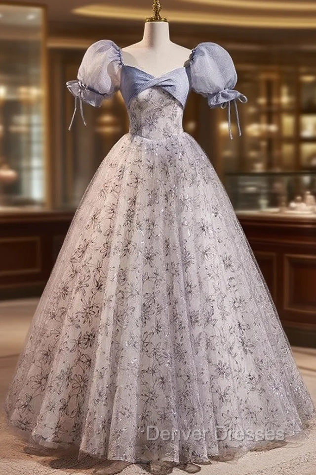 Blue Gray Tulle Sequins Puff Sleeve Prom Dress Main image