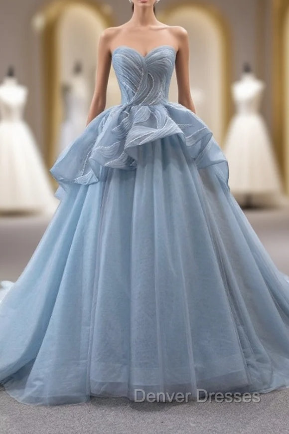 Blue Gray Tulle Sweetheart Pleats Prom Dress