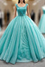 Blue Green Tulle Pleats Beading Pearls Prom Dress