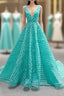 Blue Green V-neck Tulle Beading Prom Dress
